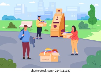 People Donate Clothes. Minimal Cloth Donatives, Human Donation Give Box With Garment, Thrift Woman Man Recycle Clothing Help, Vector Illustration. Charity And Donation Box