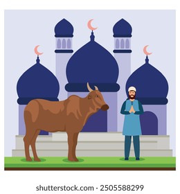 People donate a cow to be sacrificed or qurban on Eid al Adha Mubarak. flat vector modern illustration 