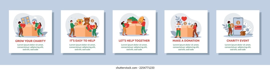 People donate food and clothing. Charity help app. Community give money. Work from heart. Support welfare fund. Humanitarian assistance. Square banners set. Vector mobile tidy concepts