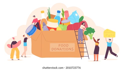 People Donate Food. Tiny Characters Put Grocery Product In Charity Box. Volunteer Community Help For Poor. Holiday Food Drive Vector Concept. Illustration Volunteer Charity, Social Donate And Help