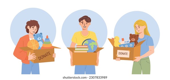 People donate for kids. Man and women with boxes of things. Activists and volunteers donate things to fund. Kindness and generosity. Cartoon flat vector collection isolated on white background