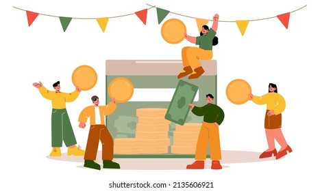 People Donate Money For Charity Or Crowdfunding Project. Vector Flat Illustration Of Women And Men Fund Sponsors With Coins And Cash, Donation Box And Garland