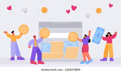 People Donate Money For Charity In Glass Box. Vector Flat Illustration Of Happy Women And Men With Coins And Cash, Sponsors Of Financial Assistance Or Crowdfunding Project