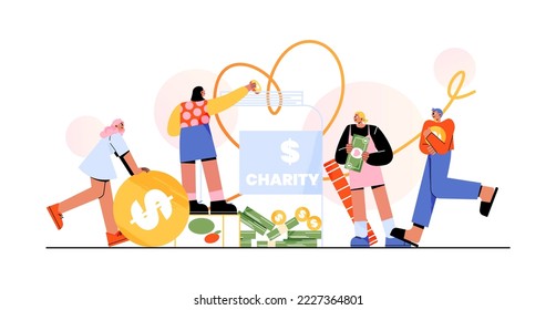 People donate money for charity, put coins and bills with heart in glass jar. Women and men volunteers give cash for financial help, social aid, donations, vector flat illustration