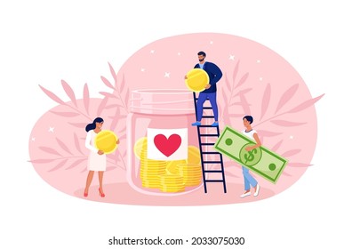People donate money to poor men. Donation, volunteering, charity. Tiny volunteer on ladder throw coins and bills into huge glass jar with heart sticker. Vector illustration