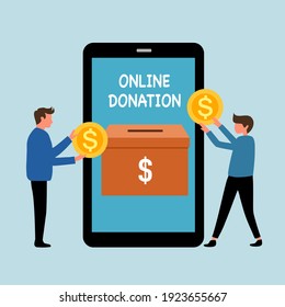 People Donate Money Via Smartphone In Flat Design. Time For Charity. Online Donation Concept Vector Illustration. Kindness To Poverty.