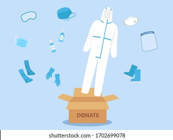 People Donate PPE Personal Protective Suit Clothing Isolated And Safety Equipment For Prevent Corona Virus, Man Hold Donate Box For Give And Support Doctor Work Safety