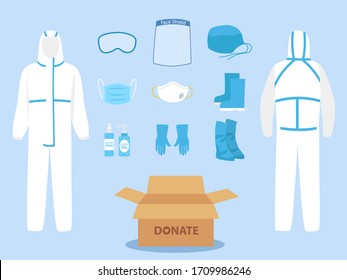 People Donate PPE Personal Protective Suit Clothing Isolated And Safety Equipment For Prevent Coronavirus Disease, Man Hold Donate Box For Give And Support Doctor Work Safety