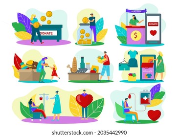 People donate set, isolated on white vector illustration. Man woman character help people, make flat donation by money, blood, toys,