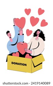 People donating for charity. Man and woman throw hearts into donation box. Volunteers work concept