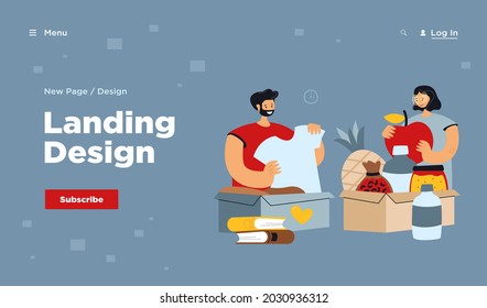 People donating clothes, books and food. Volunteers packing box for donation. Vector illustration for teamwork, charity container, humanitarian help concept