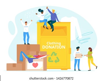 People donating clothes to charity together flat vector illustration. Used garment reuse and recycle. Young volunteers organized collective work. Clothing donation bin. Society unity isolated clipart