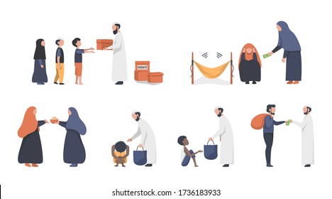 People are donating giving various types of people as prescribed by Islam. Practice during Ramadan. Illustration about Muslim donations. svg