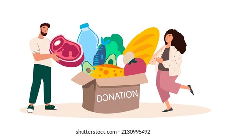 People donating Meal,Products,products,food. Charity, support and donation concept. Humanitarian charitable help.Philanthropy, charitable foundation.Flat vector illustrations isolated white background