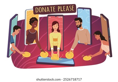 Pessoas doando através de dinheiro via aplicativo de telefone. Pessoas segurando moedas de ouro como doação. Aplicação de telefone celular para captação de fundos de caridade, ilustração do conceito de suporte ao investimento financeiro on-line