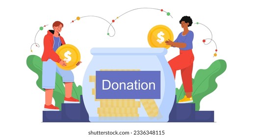 People with donation box concept. Generosity and kindness. Activists and volunteers with gold coins in hands. Love, care and support, humanitarian aid. Cartoon flat vector illustration