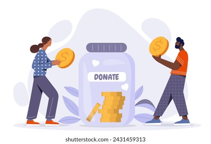 People with donation jar. Man and woman with golden coins. Activists and volunteers with money. Charitable foundation. Kindness and generosity, care. Cartoon flat vector illustration
