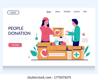 Plantilla de sitio web de vector de donación de personas, diseño de página de inicio para el desarrollo de sitios web y móviles. Ayuda humanitaria, donación de alimentos para los pobres, voluntariado.