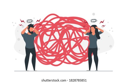 People dont know how to unravel the tangle of problems together. Business problems company desperate situation concept vector illustration