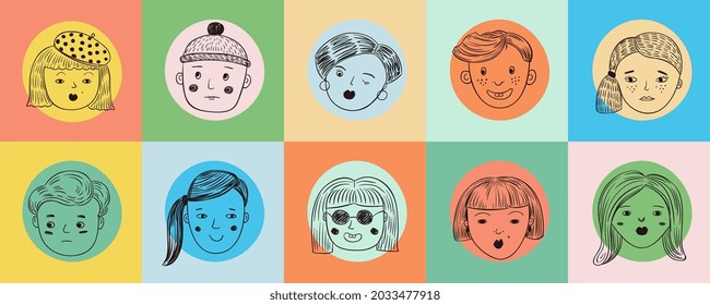 People doodle face avatar. Drawn faces, human emotional woman man portraits. Modern vector banners