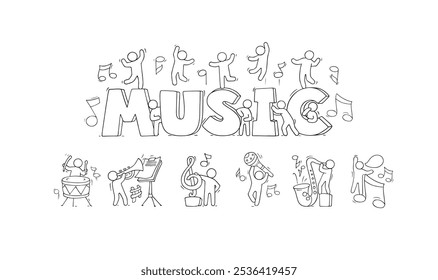 People with doodle music instruments, guitar, drums, saxophone and maracas.. Musical instruments icons set. Hand drawn cartoon vector illustration for school subject design. Concept of jazz or rock co