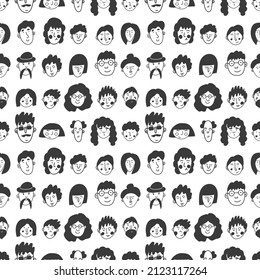 people doodle seamless pattern. Cartoon characters of different gender and age. Cute print for printing on paper and fabric. Stylish endless background design. Vector illustration, hand-drawn