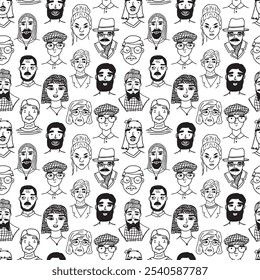 People doodle seamless pattern. Vector black white trendy endless illustration set of faces or portraits drawing of grandmother, grandfather, son, daughter, father, mother on white background