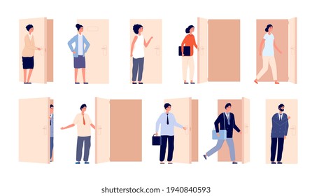 People at door. Open doors, business man opened entry or exit. Cartoon women men looking or peeking, boss watching from aisle utter vector set