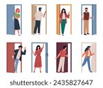 People with doors. Entering and exiting house, visitors use doorways, build residents and employees come back and leave, exit and entrance, nowaday cartoon flat style isolated vector set