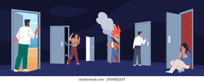 People and doors. Men, women knock, come in and out, entrance and exits, psychological problem, running away from fears, psychology and mental health, cartoon flat nowaday vector concept