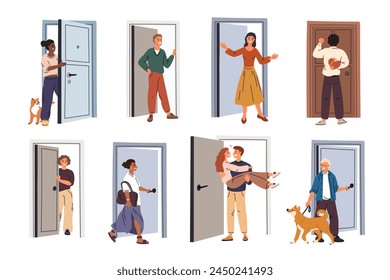 People in doorways. Characters opening wooden doors. Apartment inputs and outputs. Knocking female. Male peeking out. Person leaving home with dog. Couple come in. Garish