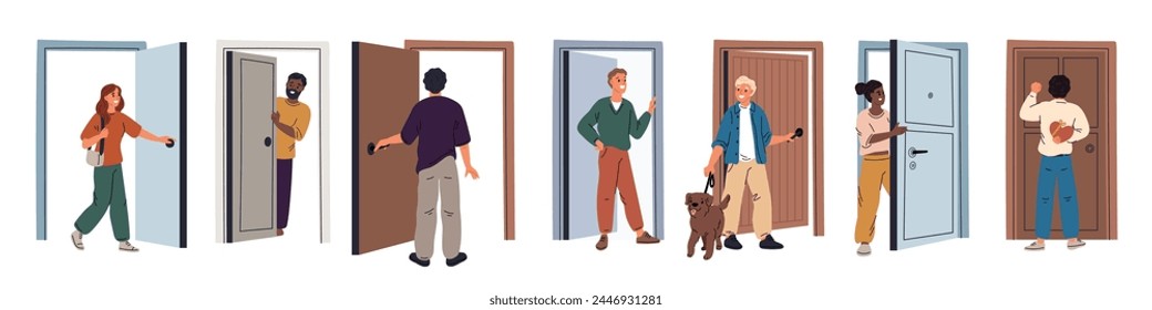 People in doorways. Persons come out or in. House entrances and exits. Open and closed doors. Knocking woman. Man peeking out. Guy and girl leaving home with dog. Garish