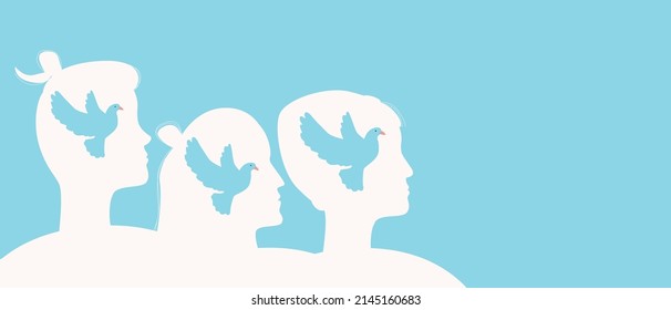 People with dove as symbol of world. Copy space template with space for text. Flat vector stock illustration. Back for overlapping design. Concept of freedom, solidarity of mankind