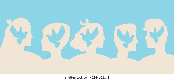 People with dove as symbol of world. Flat vector stock illustration. Group of men and women as society. Concept of freedom, solidarity of mankind