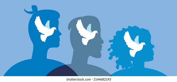 People with dove as symbol of world. Flat vector stock illustration. Concept of freedom, solidarity of mankind. Group of men and women against blue sky