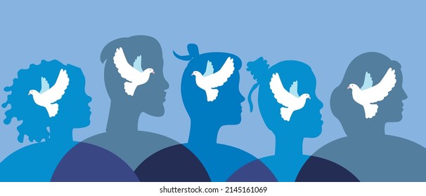 People with dove as symbol of world. Flat vector stock illustration. Crowd or group of people together. Bird as symbol of unity. Concept of freedom, solidarity of mankind