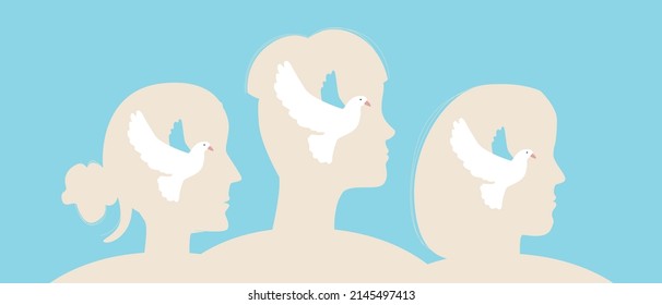 People with dove as symbol of world. Flat vector stock illustration. Group of men and women together. Concept of freedom, solidarity. Persona against blue sky