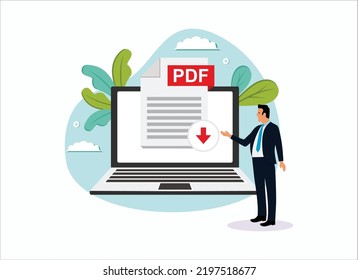 People Download PDF icon file with label on laptop screen. Downloading document concept, flat design illustration