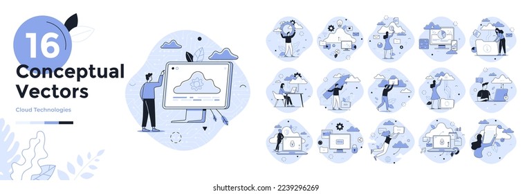 People downloading and uploading files and using computers. Concept of cloud computing technology, online data storage service, internet archive. Set of modern linear vector illustrations for banner.