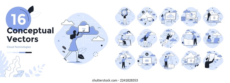 People downloading and uploading files and using computers. Concept of cloud computing technology, online data storage service, internet archive. Set of modern linear vector illustrations for banner.