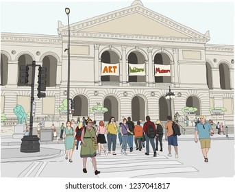 People downtown Chicago, near an art museum. Hand drawn vector illustration.