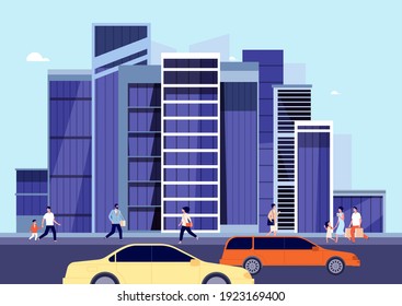 People in downtown. Spring city landscape, car on town road. Person walk shop, modern urban building and transportation utter vector panorama