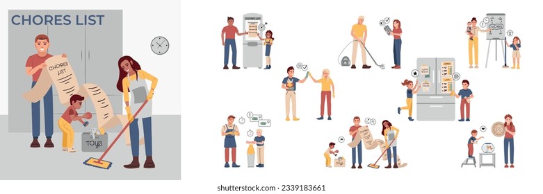 People draw up chores lists and charts and do housework flat composition set isolated vector illustration
