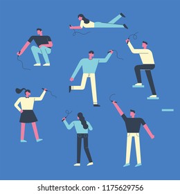 People are drawing lines in various poses. Straight style character flat design vector graphic illustration set