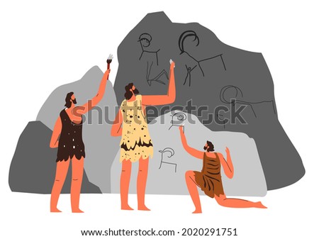 People drawing paintings on cave walls, prehistoric art and depiction of hunting scenes. Antique ornaments and primitive symbols. Figures of buffalo and goat. Vector in flat style illustration