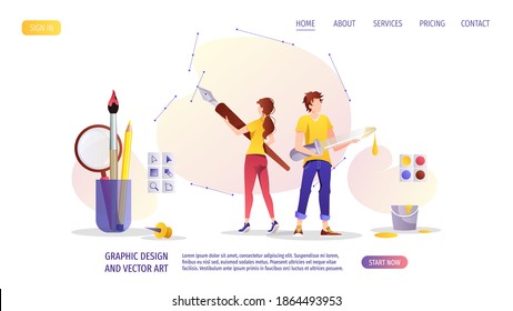 People drawing with pen and eyedropper in graphic editor. Digital illustrator, vector artist, graphic design, creativity concept. Vector illustration for banner, presentation, advertising, website.