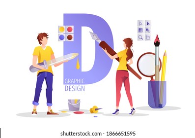 People drawing with pen and eyedropper in graphic editor. Graphic design, digital illustrator, vector artist, creativity concept. Vector illustration for banner, presentation, advertising, poster.