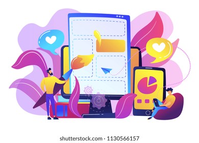 People drawing web page elements on the smartphone and LCD screen. Front end development it concept. Software development process. Violet palette. Vector illustration on white background People drawing web page elements on the smartphone and LCD screen. Front end development it concept. Software development process. Violet palette. Vector illustration on white background