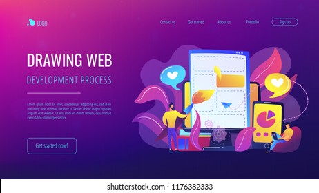 People drawing web page elements on the smartphone and LCD screen. Front end development it concept. Software development process. Violet palette. Website landing web page template.