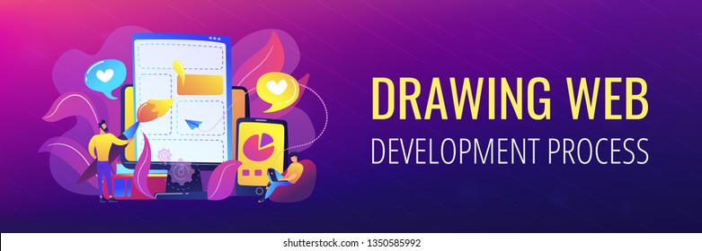 Menschen, die Webseiten-Elemente auf dem Smartphone und dem LCD-Bildschirm zeichnen. Front-End Entwicklung it Konzept. Softwareentwicklungsprozess. Violettpalette. Vorlage für Kopfzeile oder Fußzeile.